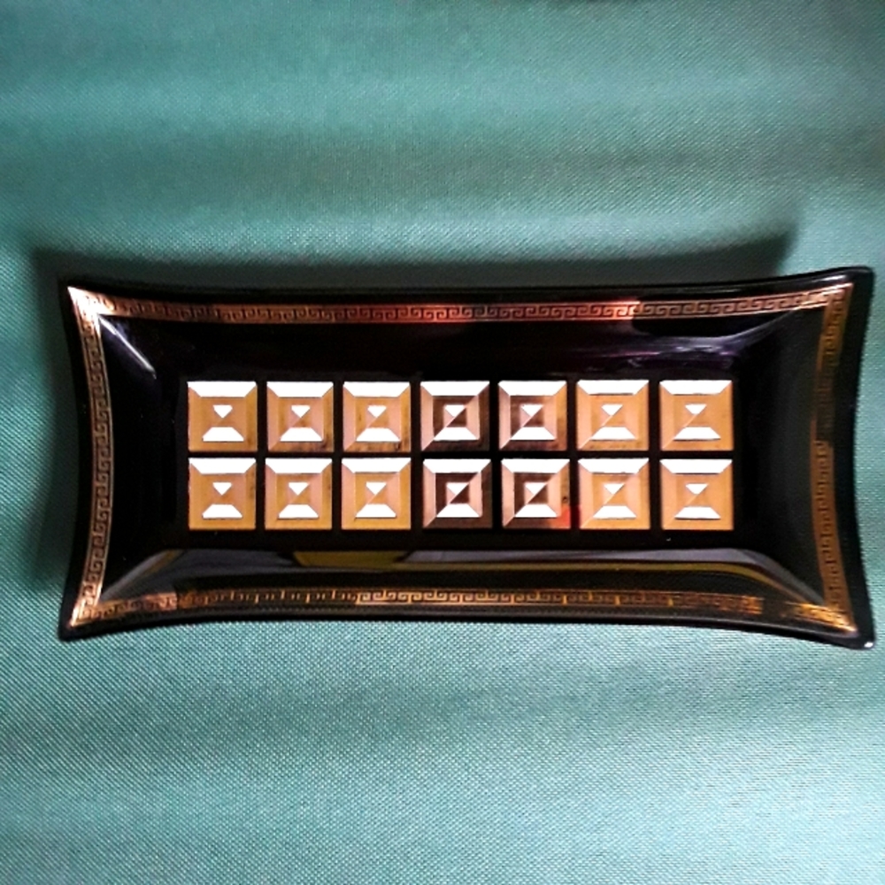 Glass Small Tray w/ Gold and White Square Pattern
